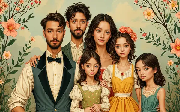 A beautifully illustrated family portrait featuring six members surrounded by floral accents, showcased as a 4K Ultra HD PC desktop wallpaper.