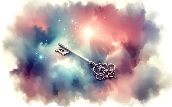 A beautifully designed 4K Ultra HD PC desktop wallpaper featuring a key surrounded by a dreamy, colorful cosmic background filled with stars and soft clouds.