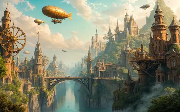 A stunning steampunk landscape featuring ornate buildings, airships gliding above, and a majestic bridge spanning a tranquil river, captured in rich detail for a 4K Ultra HD desktop wallpaper.