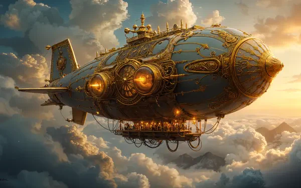 A majestic steampunk airship glides through clouds at sunset, showcasing intricate designs and glowing elements, presented in vibrant 4K Ultra HD quality for a stunning desktop wallpaper.