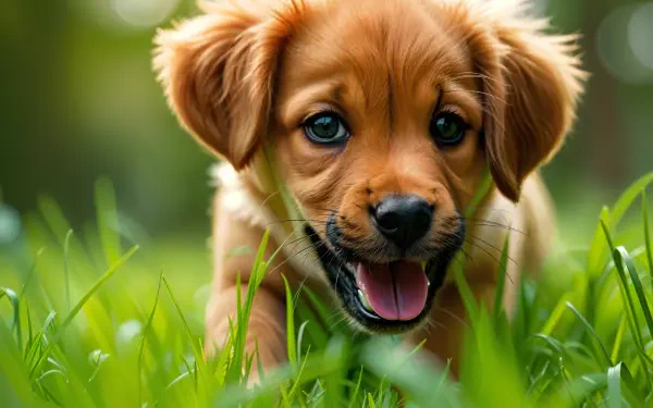 A playful puppy with golden fur is smiling and exploring lush green grass, captured in stunning 4K Ultra HD, making a vibrant desktop wallpaper.