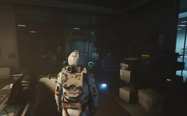 A high-definition wallpaper from the video game EVOTINCTION, featuring a suited character exploring a dimly lit room with futuristic technology and boxes.