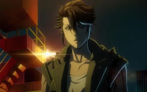 A character from the anime Terminator Zero stands confidently in a dynamic 4K Ultra HD setting, with a futuristic background and dramatic lighting, showcasing a blend of action and style.