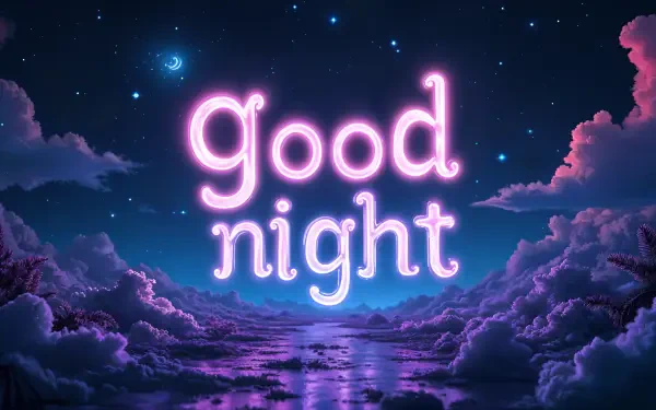 A serene 4K Ultra HD wallpaper featuring the words good night illuminated in soft pink light against a starry sky and tranquil clouds over a reflective ocean.