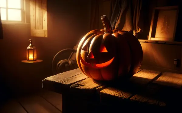 A glowing pumpkin with a smiling face sits on a rustic wooden table, illuminated by soft light from a nearby lantern, captured in stunning 4K Ultra HD resolution.
