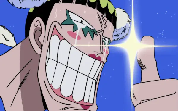 High-definition wallpaper featuring Bentham from One Piece, showcasing his signature grin and colorful face paint against a bright blue background.