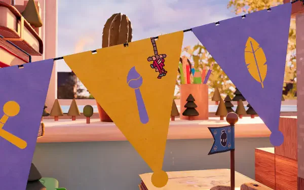 Colorful banners featuring playful designs hang in a vibrant setting inspired by the video game The Plucky Squire, set against a backdrop of whimsical decorations and greenery.