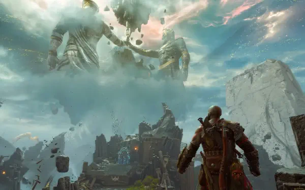 HD PC desktop wallpaper featuring Kratos from God of War: Ragnarök standing in a rugged landscape with towering stone giants and a stormy sky overhead.