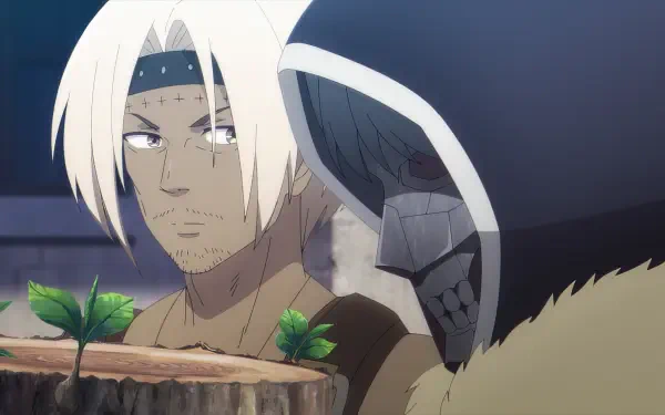 A detailed HD wallpaper featuring characters from The Unwanted Undead Adventurer, showcasing a contemplative scene with a character and a skeletal figure.