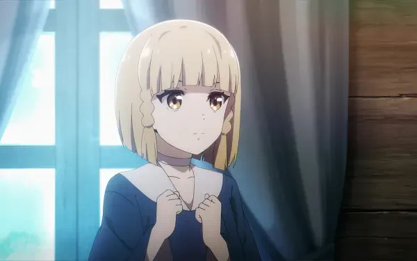 A young girl with blonde hair, dressed in a blue outfit, stands thoughtfully by a window, capturing a moment from the anime The Unwanted Undead Adventurer. HD PC wallpaper.