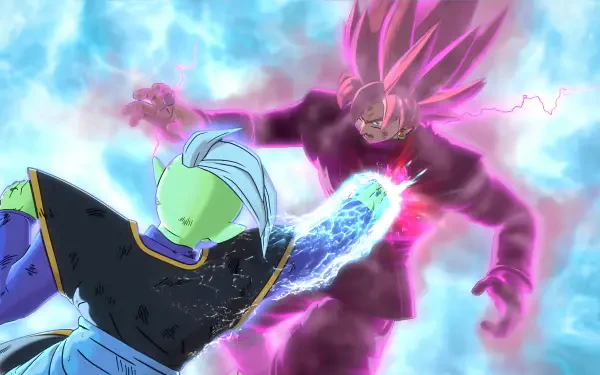 A dynamic scene from Dragon Ball Super featuring Black Goku in Super Saiyan Rosé form battling Zamasu, set against a vibrant, energetic background. 4K Ultra HD wallpaper.