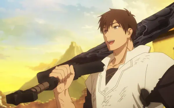 Anime-inspired HD desktop wallpaper featuring a confident character with a sword over his shoulder, set against a vibrant landscape at sunset. The theme is I Parry Everything.