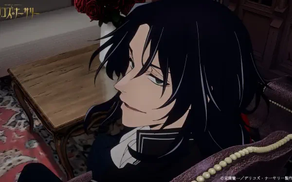 HD PC desktop wallpaper featuring a close-up of a character from the anime Delico's Nursery with dark hair and a confident expression in a dimly lit room.