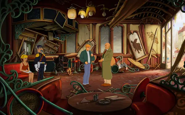 An engaging HD wallpaper from Broken Sword - Shadow of the Templars: Reforged, depicting characters in a damaged, atmospheric interior filled with antique furniture and intriguing details.