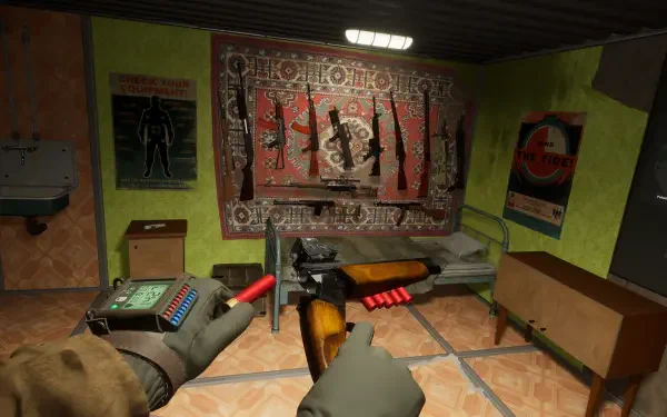 HD PC desktop wallpaper from the video game Into the Radius VR, showing a first-person view of hands holding weapons in a dimly lit room with rifles displayed on the wall.