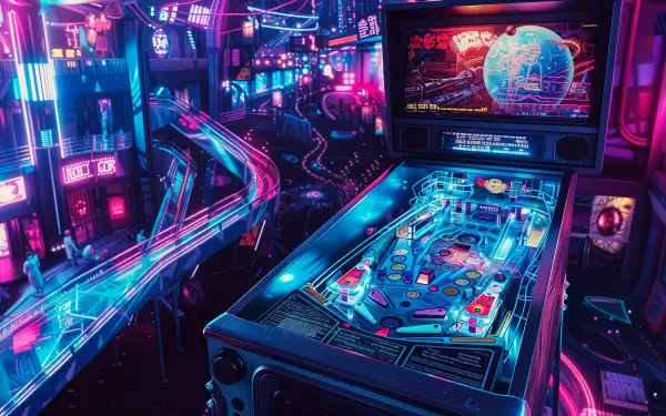 A vibrant arcade machine glows with neon lights, surrounded by a futuristic cityscape, creating a dynamic 4K Ultra HD PC desktop wallpaper and background.