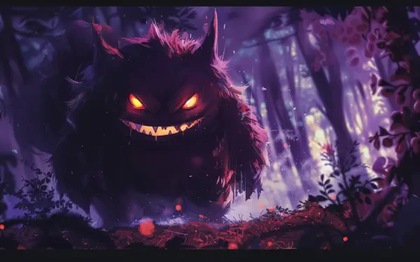 A captivating 4K Ultra HD wallpaper featuring Gengar from Pokémon, set in a mysterious, atmospheric forest with glowing eyes and a mischievous grin.