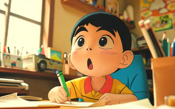 A vibrant 4K Ultra HD image featuring Crayon Shin-chan, a young boy with a surprised expression, sitting at a desk with a pencil, surrounded by art supplies and a cozy setting.