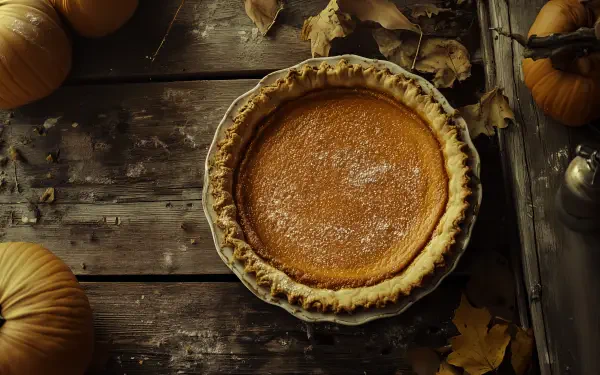 A beautifully baked pumpkin pie rests on a rustic wooden table, surrounded by autumn leaves and pumpkins, creating a warm, inviting scene in this 4K Ultra HD desktop wallpaper.