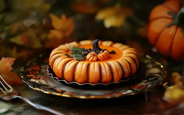 A beautifully crafted pumpkin pie sits on an ornate plate, surrounded by autumn leaves and mini pumpkins, showcased as a 4K Ultra HD desktop wallpaper.