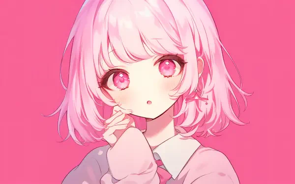 A vibrant pink anime girl with soft features and expressive eyes, set against a bright pink background, showcased as a stunning 4K Ultra HD desktop wallpaper.