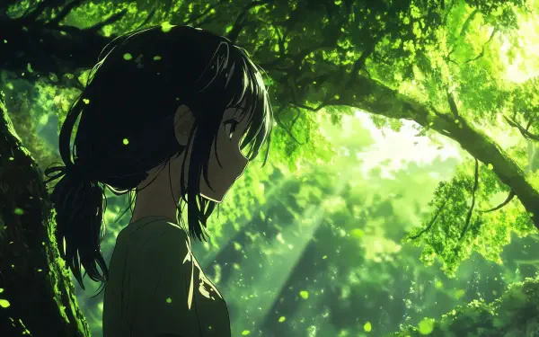 A serene anime girl stands amidst a lush green forest, illuminated by soft rays of light, creating a tranquil atmosphere. This 4K Ultra HD wallpaper captures a beautiful moment in nature.