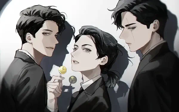 A striking HD wallpaper featuring characters from Omniscient Reader's Viewpoint, showcasing Kim Dokja surrounded by two figures, all in stylish suits against a dynamic background.