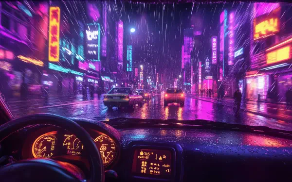 A vibrant 4K Ultra HD image depicting a rainy night drive through a neon-lit city, with reflections on the wet pavement and illuminated signs creating a lively atmosphere.