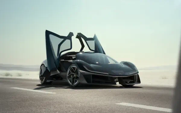 A sleek black Lotus Theory 1 car with gullwing doors open, parked on a sunlit road, showcased as a stunning 4K Ultra HD desktop wallpaper.