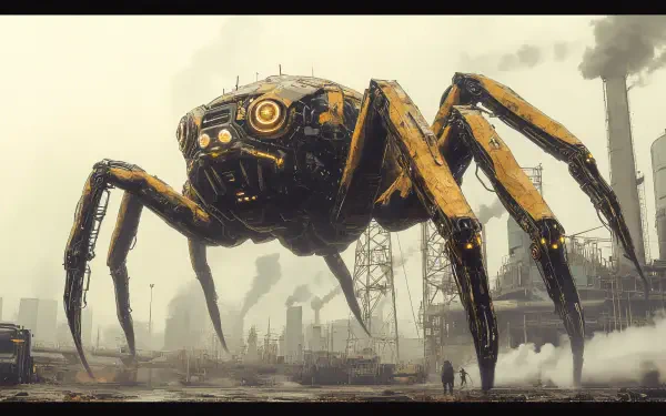 A giant robotic spider looms over a dystopian industrial landscape in this striking 4K Ultra HD sci-fi wallpaper, blending technology with a haunting atmosphere.