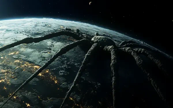 A giant alien spider looms over Earth, set against a backdrop of stars and planets, creating a stunning sci-fi scene in this 4K Ultra HD desktop wallpaper.