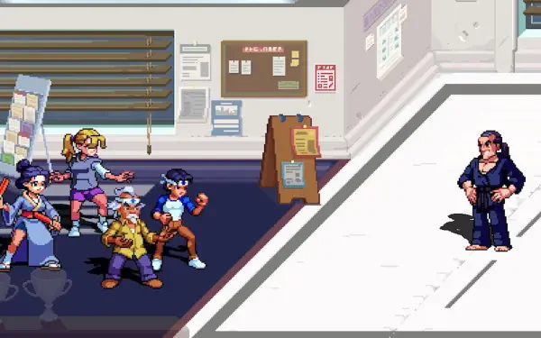 Four characters from The Karate Kid: Street Rumble prepare for a match in this HD PC Desktop Wallpaper, featuring vibrant colors and retro video game elements.