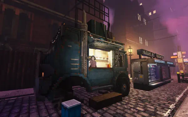 A detailed 4K Ultra HD wallpaper featuring a food truck in an atmospheric, neon-lit street scene from the video game Shadows of Doubt, capturing a sense of urban mystery.