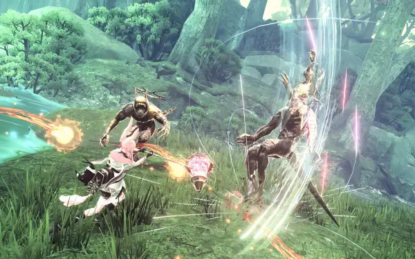 A vibrant scene from the video game Reynatis, featuring dynamic characters engaged in combat amidst a lush, fantastical environment. This HD PC wallpaper captures the game's exciting action.