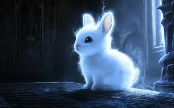 A fantastical, glowing white rabbit sits in a mystical setting, emanating a soft light. This captivating image serves as a stunning HD desktop wallpaper or background.