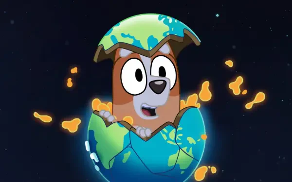 A vibrant HD wallpaper featuring Bluey, the playful dog character, emerging from an egg shaped like the Earth, surrounded by colorful sparks in a cosmic background.
