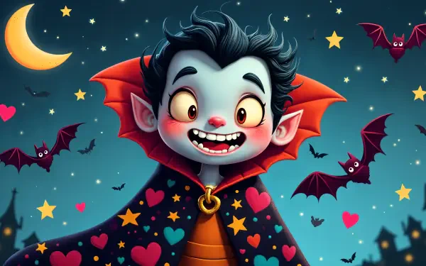 A cheerful vampire with sparkling eyes and a colorful cloak stands against a night sky filled with stars and bats, making for a vibrant 4K Ultra HD PC desktop wallpaper.