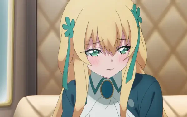 A character from The Strongest Magician in the Demon Lord's Army was a Human, featured in this HD PC desktop wallpaper, displays an expressive look with blonde hair and green accents.