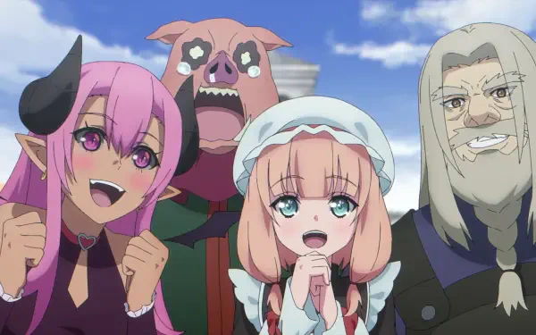 Anime HD desktop wallpaper featuring four characters from The Strongest Magician in the Demon Lord's Army was a Human, including a pink-haired elf, a pig-faced figure, a young girl, and an older man.