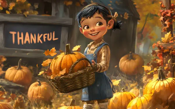 A cheerful girl in a blue dress carries a basket of pumpkins amidst autumn leaves, with a THANKFUL sign in the background. Vibrant colors create a warm, inviting atmosphere.