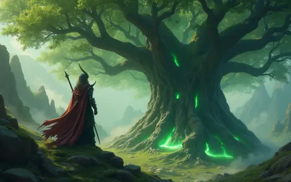 A fantasy warrior stands before Yggdrasil, the colossal tree, surrounded by a mystical landscape. Vivid greens and atmospheric lighting create an enchanting HD desktop wallpaper.