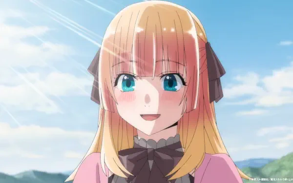 A vibrant HD wallpaper featuring a smiling anime character with blonde hair and blue eyes, from As a Reincarnated Aristocrat I’ll Use My Appraisal Skill to Rise in the World.