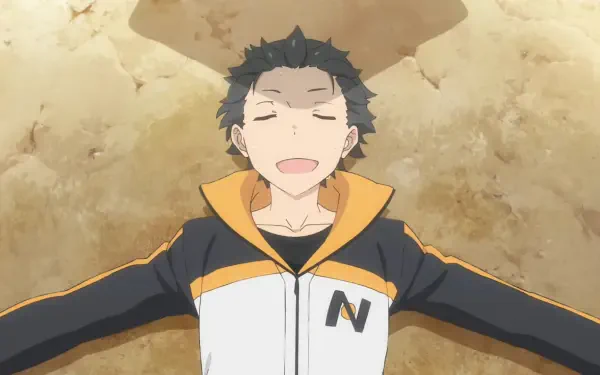 Subaru Natsuki from *Re:Zero - Starting Life in Another World* smiles contentedly while lying on the ground, captured in vibrant HD for a desktop wallpaper.
