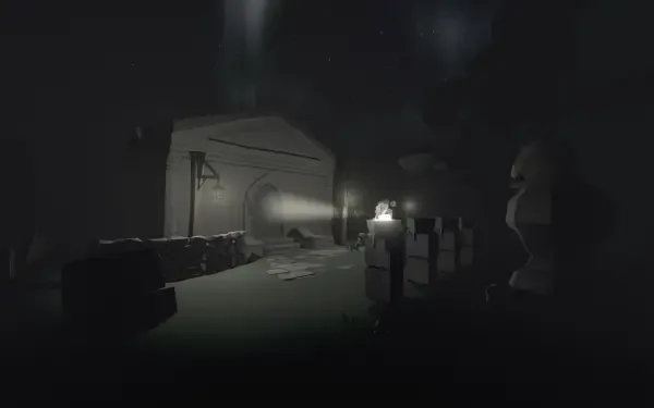 A dark, atmospheric scene from the video game Moving Houses, showcasing a graveyard with a flashlight illuminating a mysterious structure, suitable as an HD PC desktop wallpaper.