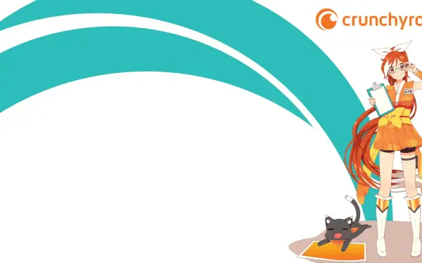 An HD desktop wallpaper featuring a vibrant anime character with long orange hair and a playful cat, accompanied by the Crunchyroll logo. A dynamic design in turquoise tones enhances the scene.