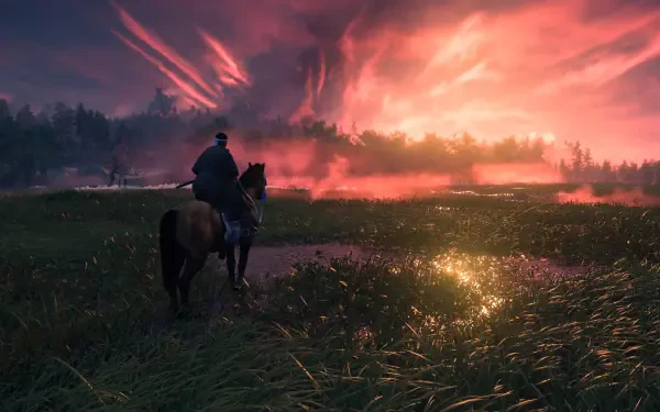 Ghost of Tsushima 4K Ultra HD PC desktop wallpaper featuring a lone rider on horseback overlooking a fiery sunset across a grassy field.