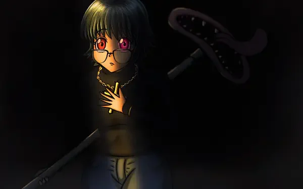 A striking HD wallpaper featuring Shizuku Murasaki from Hunter x Hunter, standing in shadows with a serious expression, holding a pen and a unique weapon.