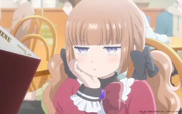 A character from My Love Story With Yamada-kun at Lv999 appears contemplative in a café, showcasing vibrant anime artistry in this HD desktop wallpaper and background.