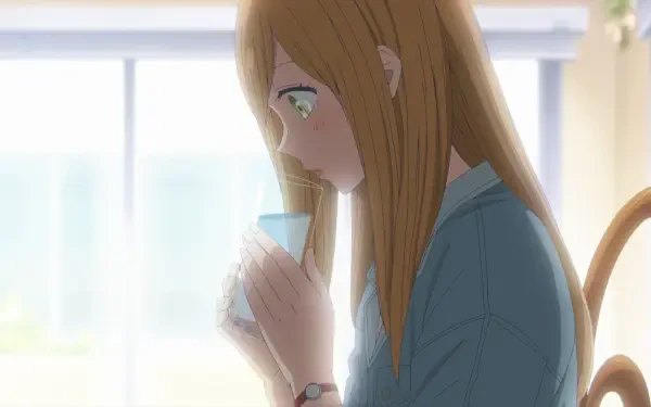 A character from *My Love Story With Yamada-kun at Lv999* stares thoughtfully at a blue drink, capturing a moment of reflection in this HD anime wallpaper.