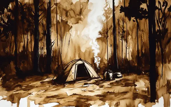 A serene camping scene depicting a tent surrounded by tall trees, with smoke rising from a nearby fire, capturing the essence of a peaceful outdoor adventure. 4K Ultra HD wallpaper.
